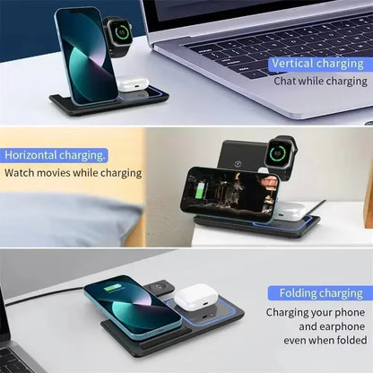 3 in 1 Fast Wireless Charger Stand Pad LED Light Foldable Phone Fast Charging Station for Iphone 16 15 14 Pro Max Iwatch Airpods