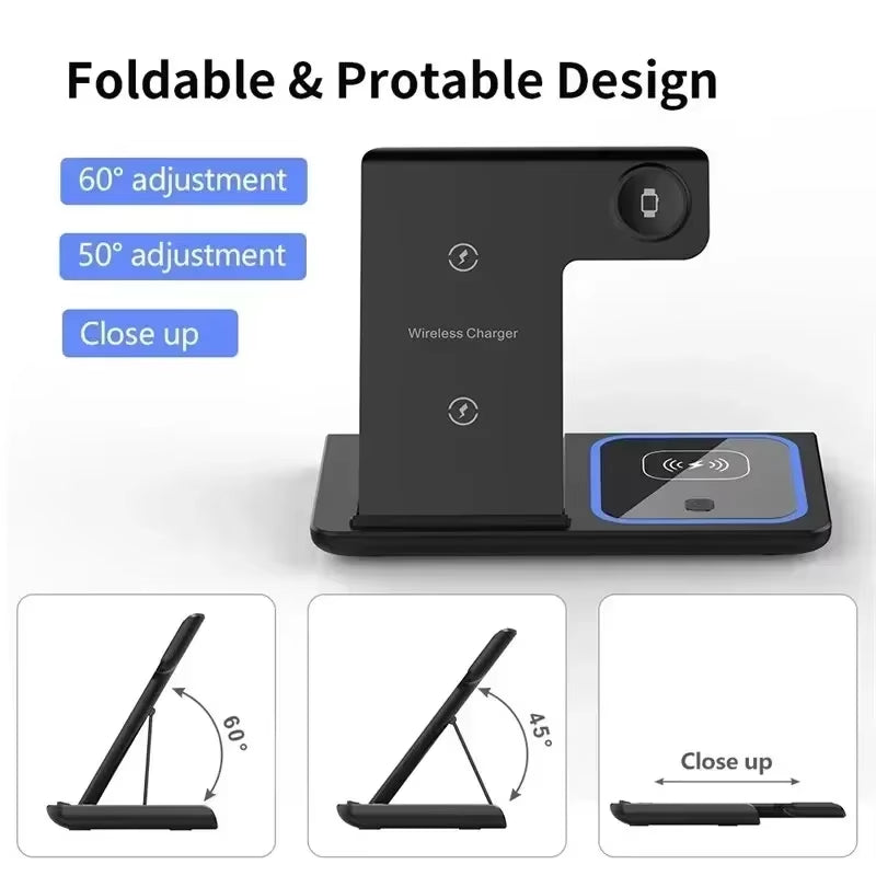 3 in 1 Fast Wireless Charger Stand Pad LED Light Foldable Phone Fast Charging Station for Iphone 16 15 14 Pro Max Iwatch Airpods