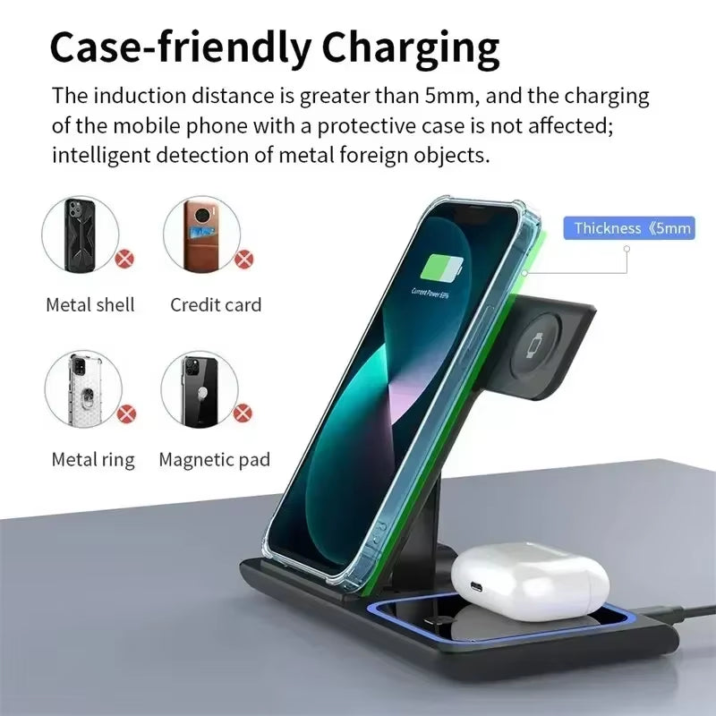 3 in 1 Fast Wireless Charger Stand Pad LED Light Foldable Phone Fast Charging Station for Iphone 16 15 14 Pro Max Iwatch Airpods