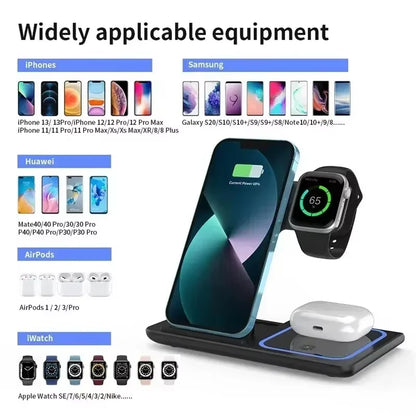 3 in 1 Fast Wireless Charger Stand Pad LED Light Foldable Phone Fast Charging Station for Iphone 16 15 14 Pro Max Iwatch Airpods